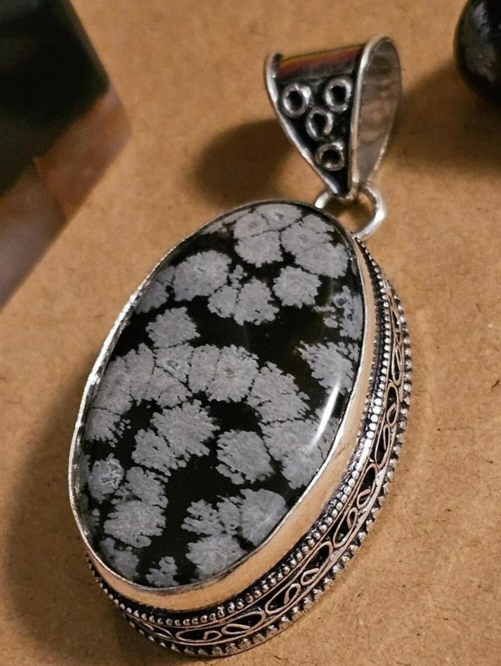 NEW 2.7" High Grade Snowflake Obsidian Sterling Silver Pendant-Stunning